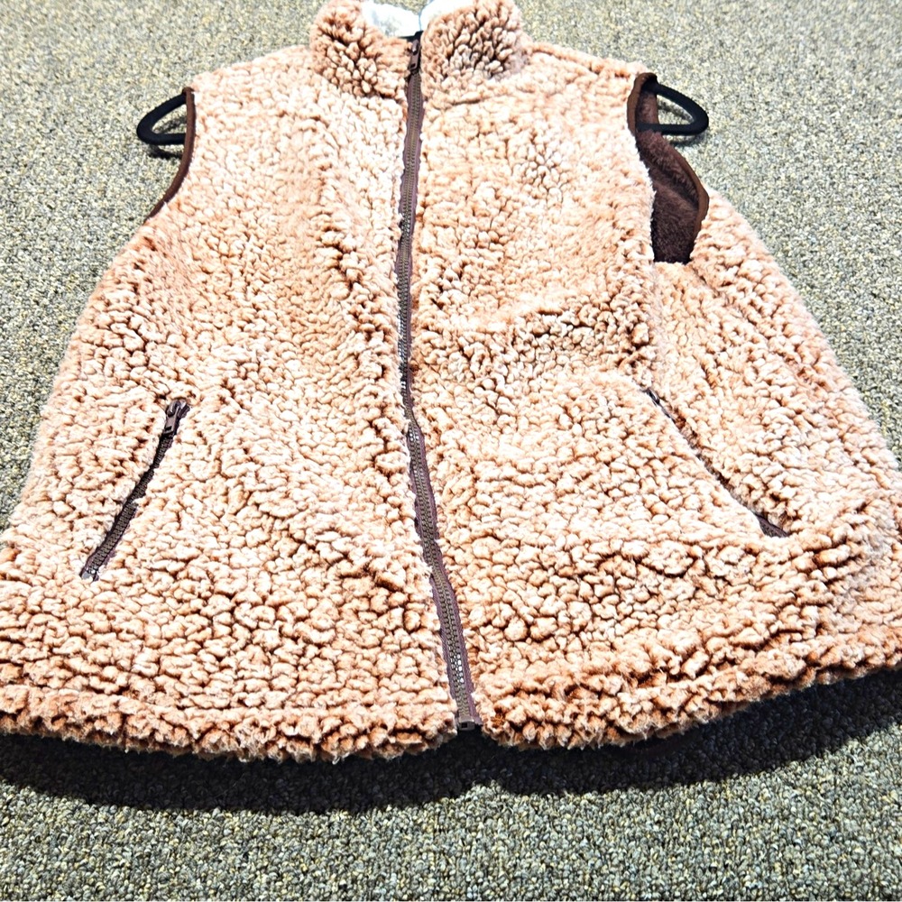 MEROKEETY Womens Sherpa Full Zip Vest Pockets Beige/Brown Size M